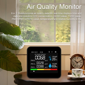 9 1 Õhu Kvaliteedi Anduri CO2 TVOC HCHO PM2.5 PM1.0 PM10 Temperatuur Niiskus APP Kontrolli õhukvaliteedi Monitor