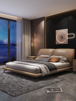 Itaalia valguse luksus päris nahast voodi, kaasaegne lihtne voodi täispuidust master abielu voodi väikeste kodumasinate minimalistlik mööbel