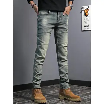 2022 kevadel sirged teksad meeste slim väikesed jalad retro vana Euroopa ja Ameerika püksid venivad püksid meeste teksad