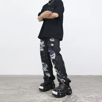 Pestud ja Lõigatud Auk Teksad Biker Hip-hop Kerjus Teksad Sirge Jalg Püksid Must Hävitatud Õnnetud Denim Püksid Mens Y2k Ripitud Jean
