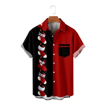Streetwear Mens Jõulud Must Ja Punane Segast Print Särk Meeste Vabaaja Beach Särgid, Lühikesed Varrukad Nuppu Särgid