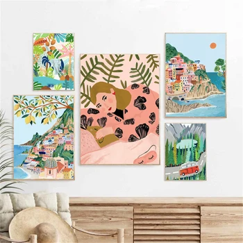 Positano Amalfi Rannik Tiiger Troopiline Tüdruk Van Seina Art Lõuend Maali Plakatid Ja Pildid Seina Pildid Elutuba Decor